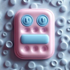 A pink and blue device with buttons sits on textured surface