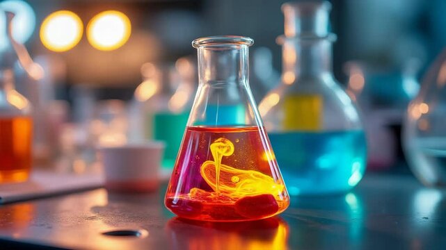 A gloved hand drops a colored reagent into a container for experimentation.