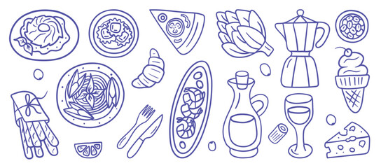 Hand-drawn icons of classic Italian cuisine including ravioli, pasta, pizza, wine, espresso, cheese, ice cream, breadsticks, artichoke, and more. Ink-imitating line drawing for culinary designs.