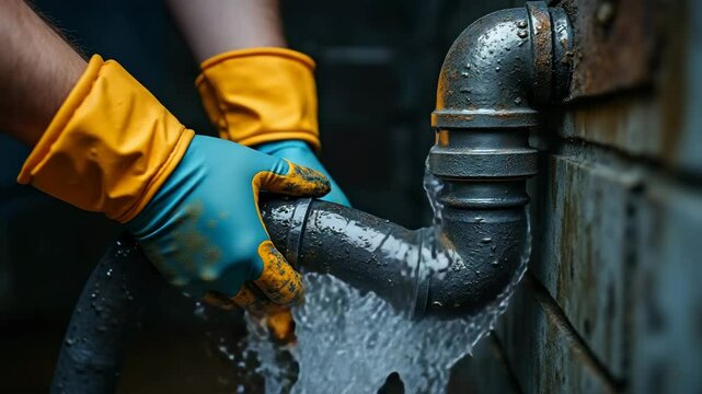 Rubber gloves submerged in dark water, suggesting clog and cleaning themes.
