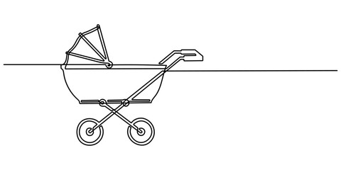 Modern baby stroller one line art. single line baby equipment . Continuous line drawing of childhood, safety,  transportation, personal, classic style, for winter. one line vector illustration.