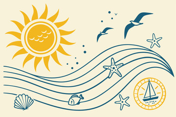 24 Sun and sea icons, bright yellow suns, blue waves, minimalist design, stylized ocean symbols, summer graphics, beach logos, sun and wave illustrations, cheerful color palette, simple shapes, curvy 