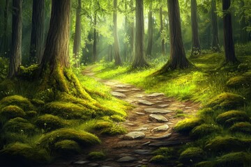 Obraz premium Sunlit forest path winding through mossy woodland.