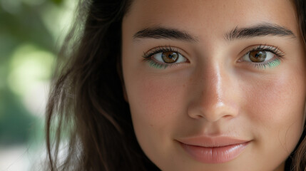 Fototapeta premium Young woman with vibrant eyeliner smiling outdoors 