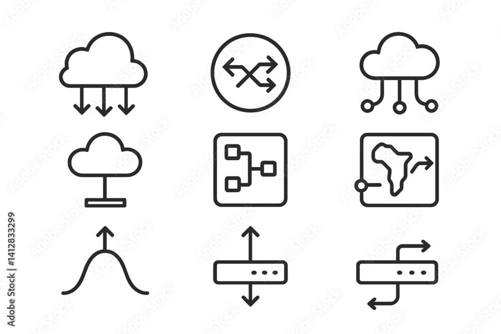 Poster outline vector icons of cloud load balancing: traffic distributor, balanced arrows, cloud endpoint, 