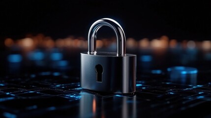 A metallic padlock stands prominently on a glowing circuit board, highlighting themes of security and technology in a darkened environment, emphasizing protection.