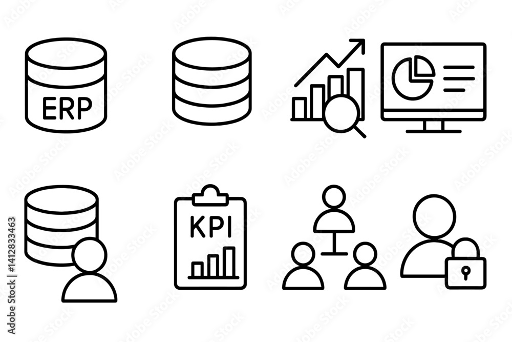 Poster outline vector icons of enterprise data: erp database, master data, business intelligence, internal 