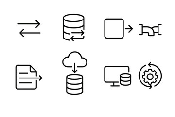 outline vector icons of data migration: transfer icon, database arrows, source and target, pipeline flow, moving record, cloud migration, legacy data, sync tool. set of line style icons in a modern,