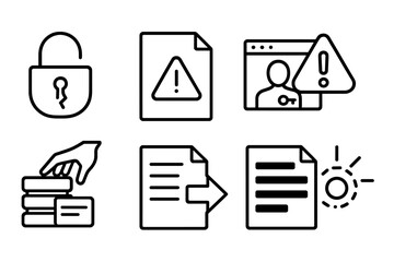 outline vector icons of data breach: broken lock, warning file, unauthorized access, alert icon, stolen data, exfiltration arrow, redacted file, system hole. set of line style icons in a modern,