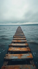 Obraz premium Wooden pier extending into a tranquil lake under a cloudy sky