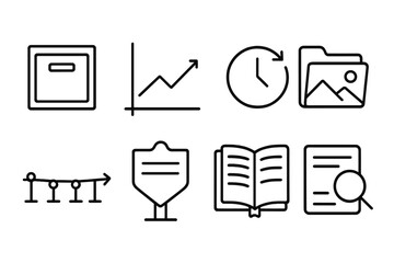 outline vector icons of historical data: archive graph, time icon, trend over years, snapshot folder, event timeline, historic marker, logbook icon, record history. set of line style icons in a