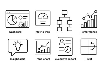 outline vector icons of business intelligence: BI dashboard, metric tile, decision tree, performance graph, insight alert, trend chart, executive report, pivot icon. set of line style icons in a