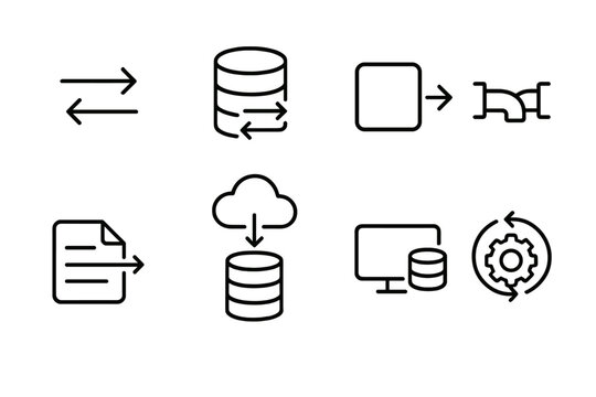 outline vector icons of data migration: transfer icon, database arrows, source and target, pipeline flow, moving record, cloud migration, legacy data, sync tool. set of line style icons in a modern,