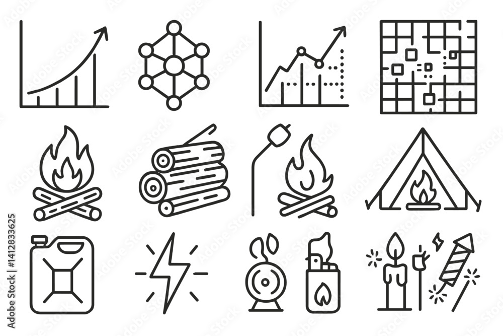 Poster linear icons set: camping and data visualization essentials