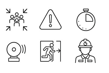outline vector icons of fire drill items: meeting point, alert icon, route map, countdown timer, alarm test, emergency practice, fire marshal icon, whistle. set of line style icons in a modern,