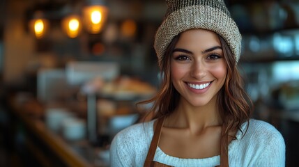 Smiling cafe barista with lights and brown apron.
