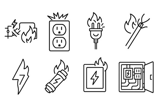 outline vector icons of electrical fires: short circuit, sparking outlet, overloaded plug, burning wire, surge icon, fuse blow, power box fire, electric panel. set of line style icons in a modern,