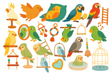 Cute vector set of cartoon parrots and cage accessories. Colorful exotic pet bird illustrations.