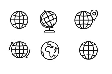 Fototapeta premium outline vector icons of globe symbols: classic globe, globe with stand, globe grid, globe with pin, spinning globe, Earth icon, hemisphere lines, 3D globe. set of line style icons in a modern,