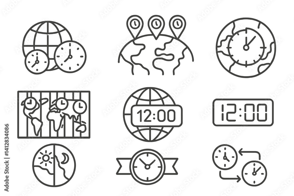 Poster outline vector icons of time zones: globe with clocks, city time pins, world timer, time zones lines