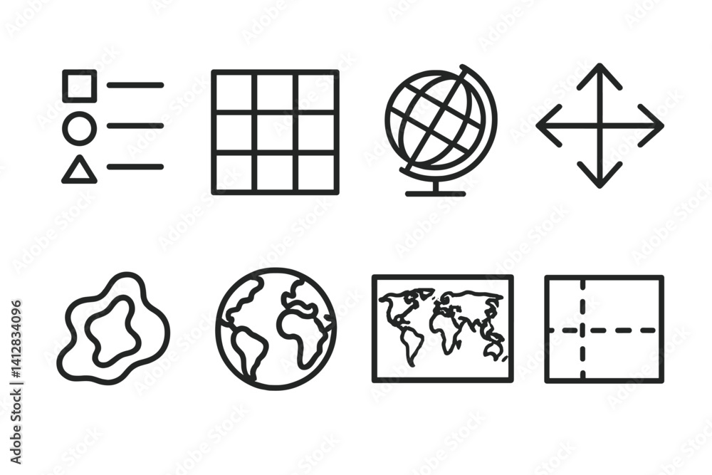 Poster outline vector icons of global symbols for maps: legend icon, map grid, scale globe, directional arr