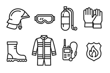 outline vector icons of firefighter gear: fire helmet, bunker gear, gloves, boots, breathing mask, fire axe, radio, turnout coat. set of line style icons in a modern, minimalist design.