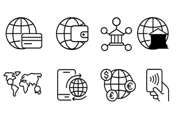 outline vector icons of global finance platforms: globe and credit card, wallet over Earth, financial hub icon, online bank world, fintech map, payment route, currency around globe, cashless icon.