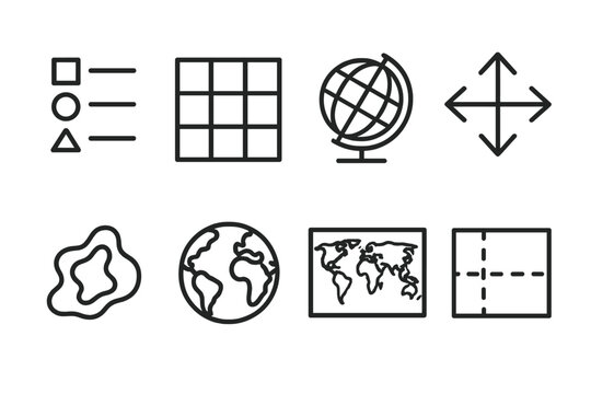 outline vector icons of global symbols for maps: legend icon, map grid, scale globe, directional arrows, terrain outline, shaded globe, labeled world, boundary lines.
