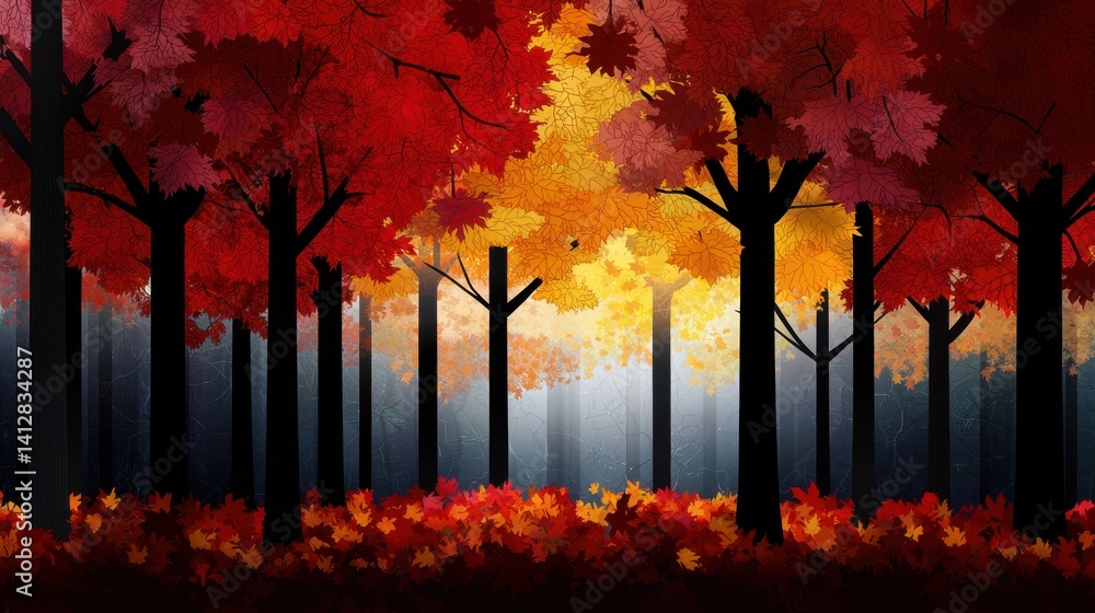 Poster a tranquil forest setting features towering trees adorned with bright red and orange leaves. soft su