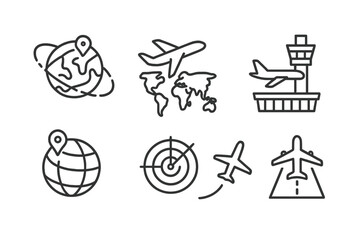outline vector icons of air travel documents: passport, visa stamp, boarding pass, customs form, travel ID, luggage declaration, airline app, barcode ticket. set of line style icons in a modern,