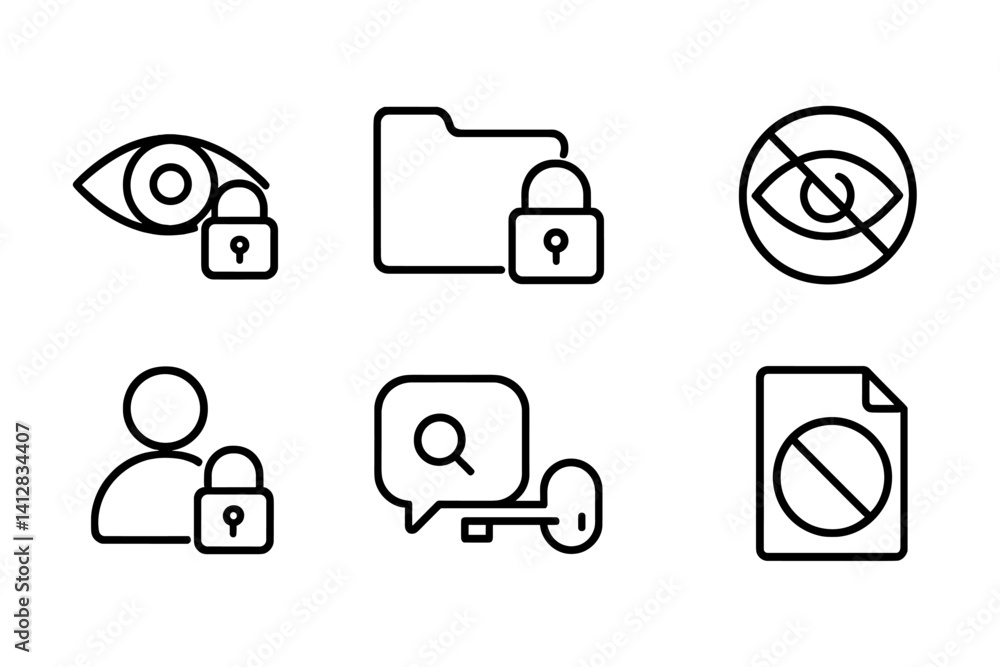 Poster outline vector icons of privacy settings: incognito, data control, block user, cookie settings, app 