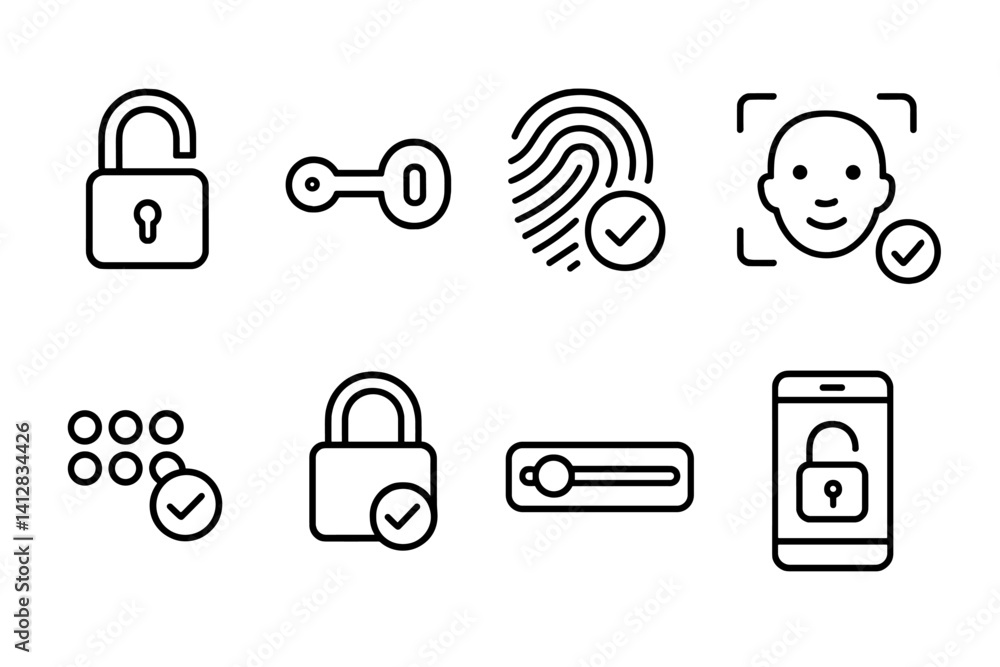 Poster outline vector icons of unlock actions: open padlock, turning key, fingerprint accepted, face unlock