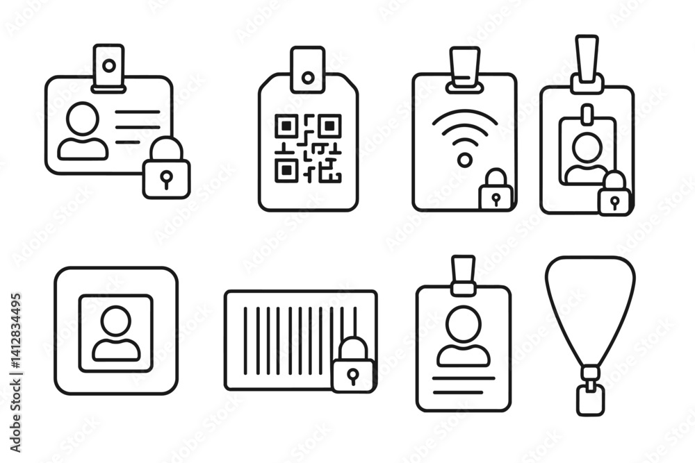 Aufkleber outline vector icons of access badges and tags: id badge with lock, qr code tag, nfc badge, event pa