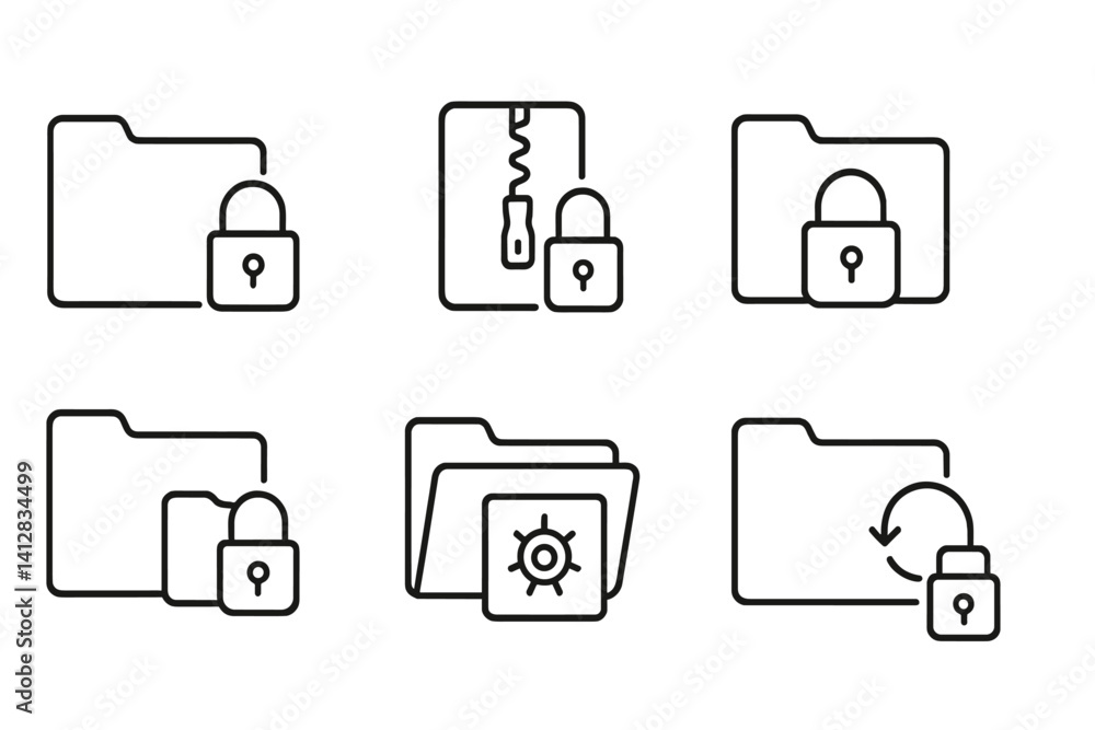 Poster outline vector icons of lock icons for folders: folder with lock, locked archive, compressed file lo