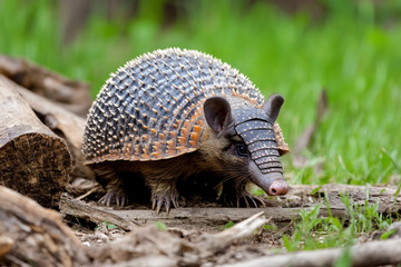 Obraz premium Baby armadillo curled into a ball on forest floor among sticks and grass