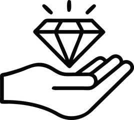 Diamond in Hand Icon isolated on a white background. Hand Holding a Shining Diamond, Vector Art of Precious Gem Presented on an Open Palm. Open Hand Offering a Sparkling Diamond Vector Illustration. 
