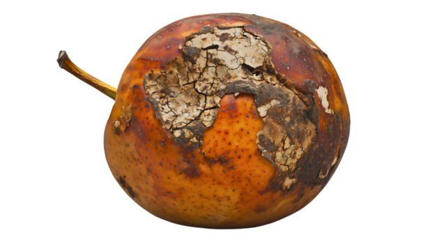 A rotten apple with damaged skin, beginning to break down and decompose due to the natural process of decay.