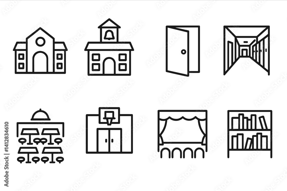 Poster school building icons set: 3d linear design of campus and classroom elements