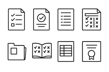 outline vector icons of school documents: report card, permission slip, syllabus, attendance sheet, homework file, gradebook, schedule, certificate. set of line style icons in a modern, minimalist