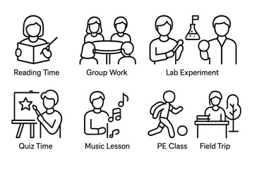 Education icon set: linear style illustrations for school activities