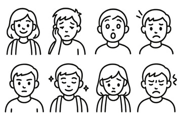 outline vector icons of student emotions: happy face, tired student, surprised icon, stressed emoji, focused face, proud icon, shy student, frustrated head. set of line style icons in a modern,