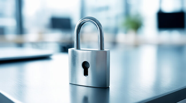 Un cadenas m&eacute;tallique gris avec un trou de serrure, pos&eacute; sur une table, arri&egrave;re-plan bureau flou