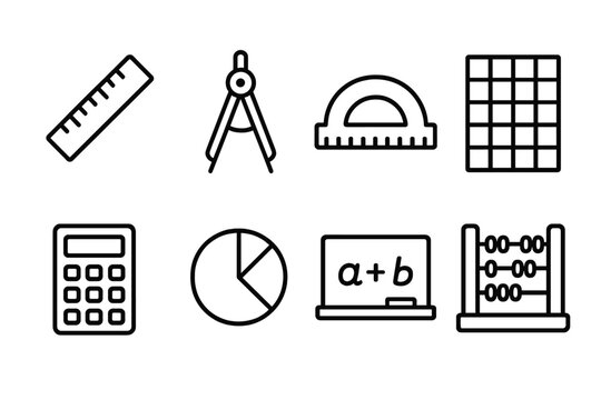 outline vector icons of math tools: ruler, compass, protractor, graph paper, calculator, pie chart, equation board, abacus. set of line style icons in a modern, minimalist design.