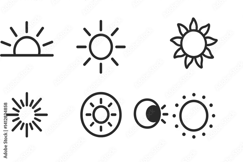 Poster minimalistic linear icons set of sun symbols on dark background