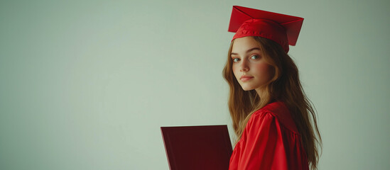 Graduate young caucasian woman in Red Gown Holding Diploma Confidently