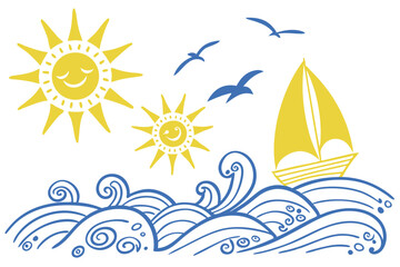 Obraz premium 24 Sun and sea icons, bright yellow suns, blue waves, minimalist design, stylized ocean symbols, summer graphics, beach logos, sun and wave illustrations, cheerful color palette, simple shapes, curvy 