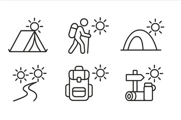 outline vector icons of camping gear: tent, camp stove, lantern, sleeping pad, cooler, camp chair, rope, matchbox. ine style icons in a modern, minimalist design.
