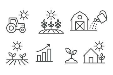 Fototapeta premium outline vector icons of farming and sun: tractor under sun, crops in rays, barn with sun, watering field, sunny weather for plants, plant growth chart, seedling icon, farm icon with sun. set of line