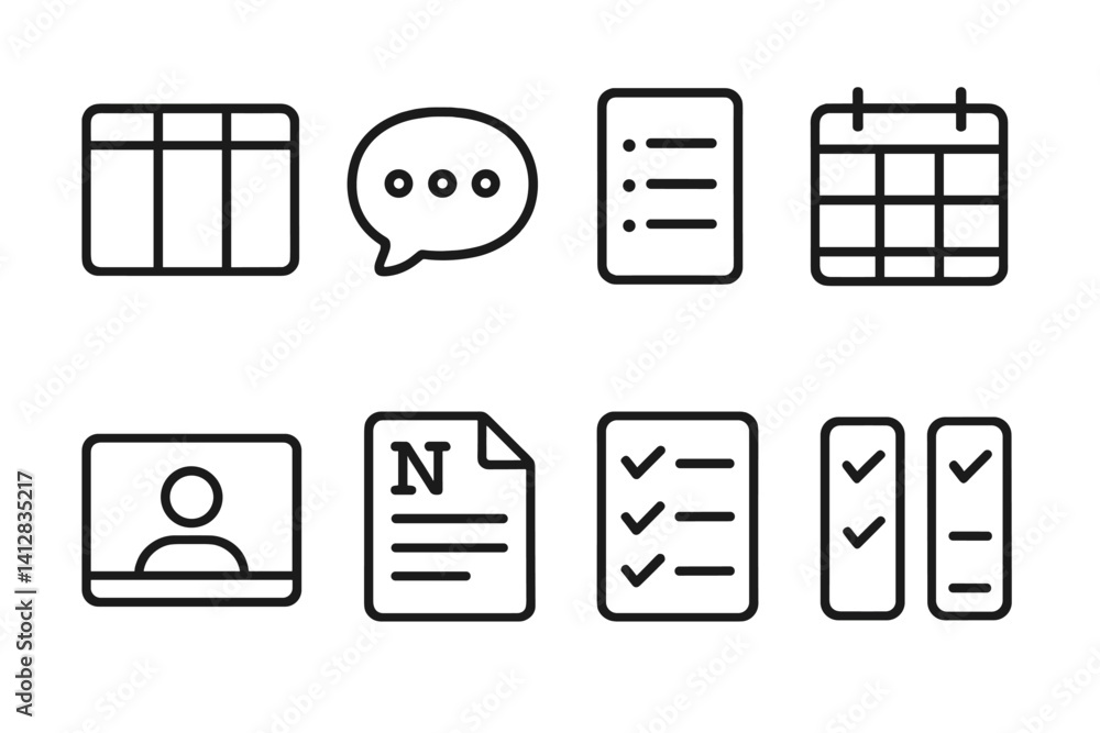 Poster outline vector icons of team management tools: trello board, slack bubble, task list, calendar grid,