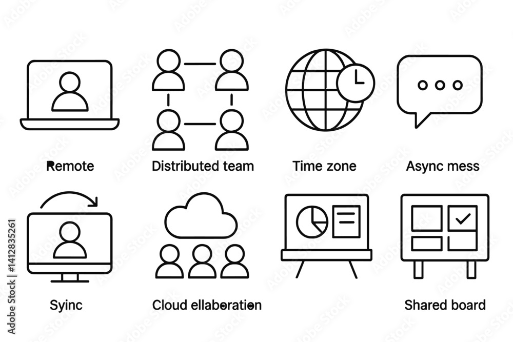 Poster outline vector icons of virtual teams: remote icon, distributed team, time zone globe, async message